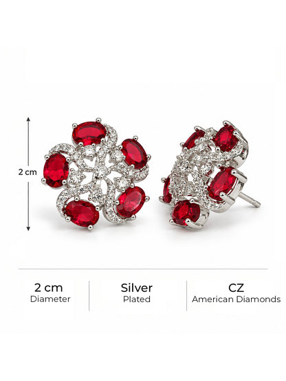 Red Oval Stone Floral Stud Earrings in silver plating