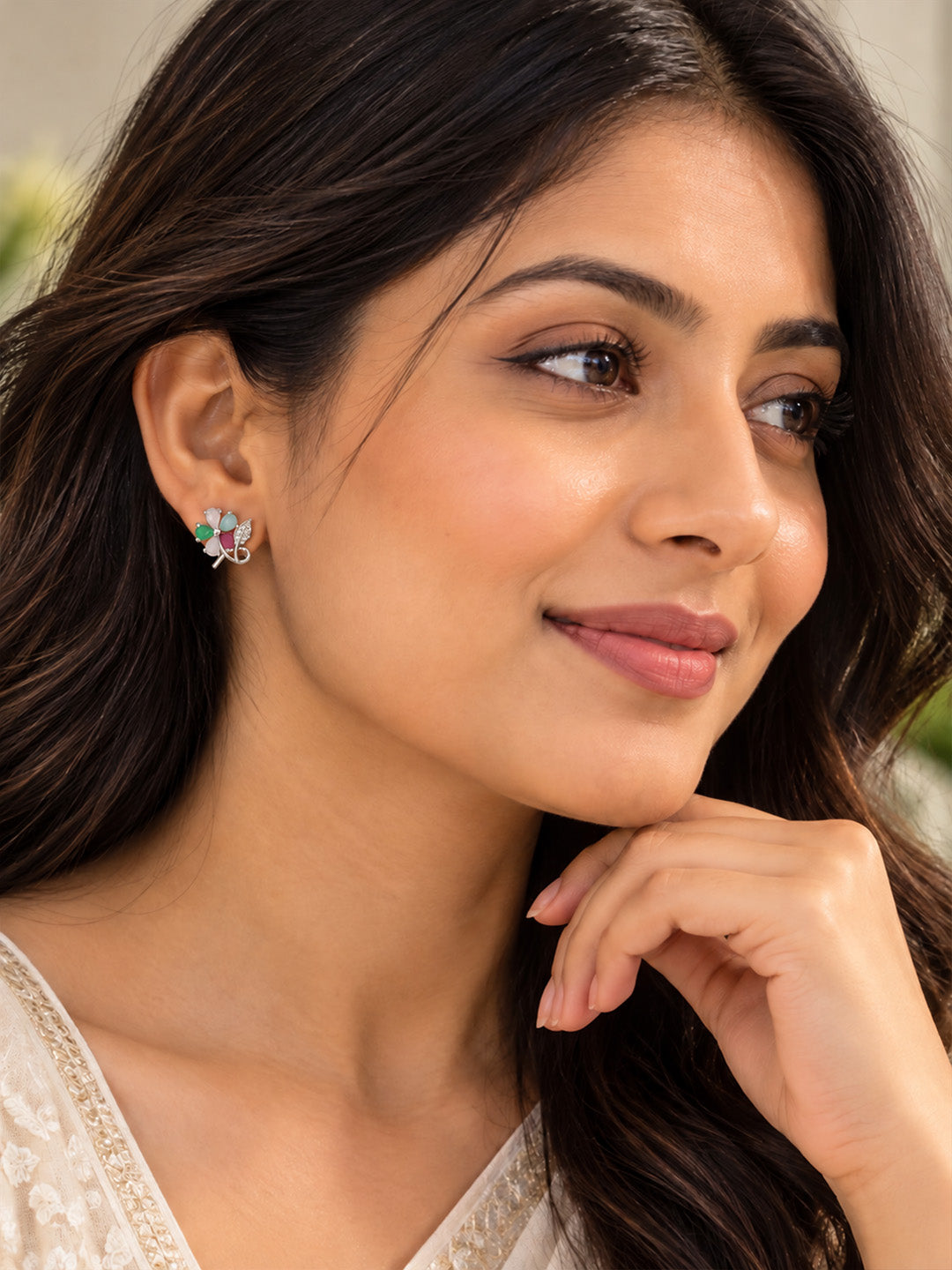 Multicolor Flower and Leaf Stud Earrings, silver plated, worn on model