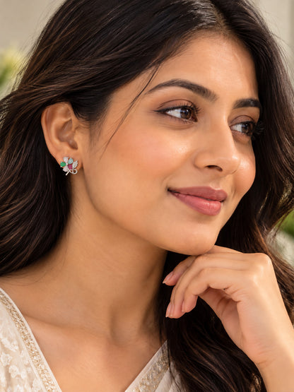 Multicolor Flower and Leaf Stud Earrings, silver plated, worn on model