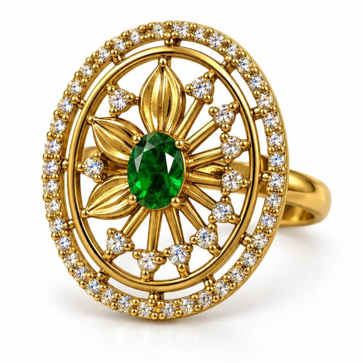 Green Stone Oval Sunburst Ring - Gold Plated, product view