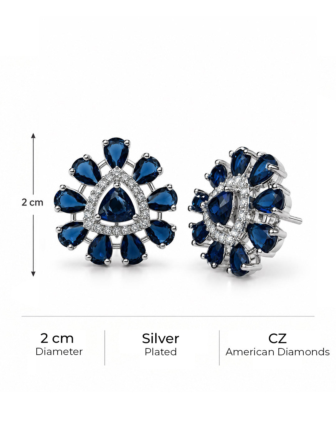 Blue Teardrop Halo Stud Earrings in silver plating