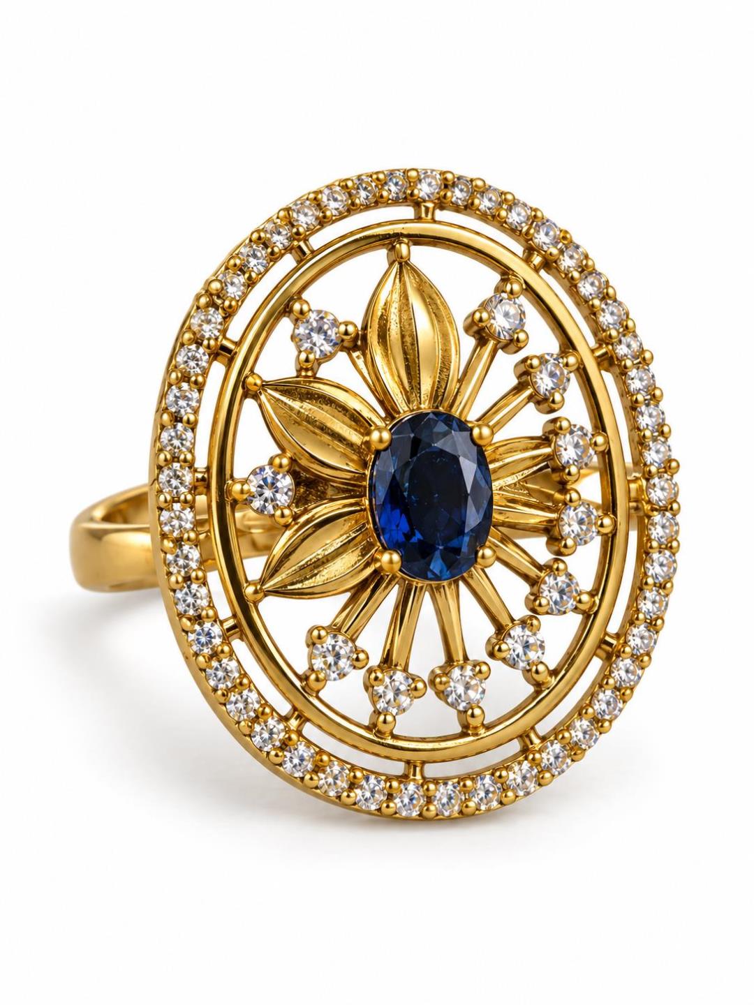 Blue Stone Oval Sunburst Ring - Gold Plated, additional view 1