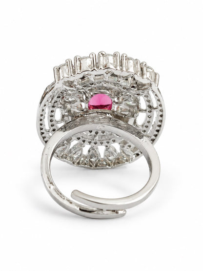 Red Oval Center Halo Ring - Silver Plated - alternate view