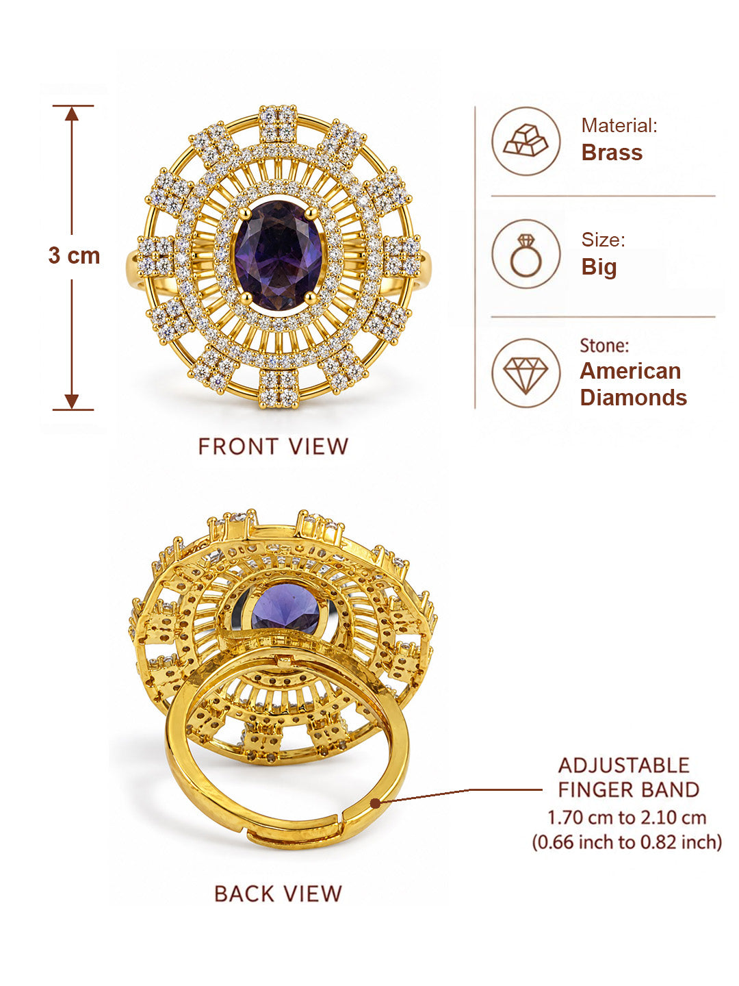 Purple Center Stone Baguette Halo Ring - Gold Plated