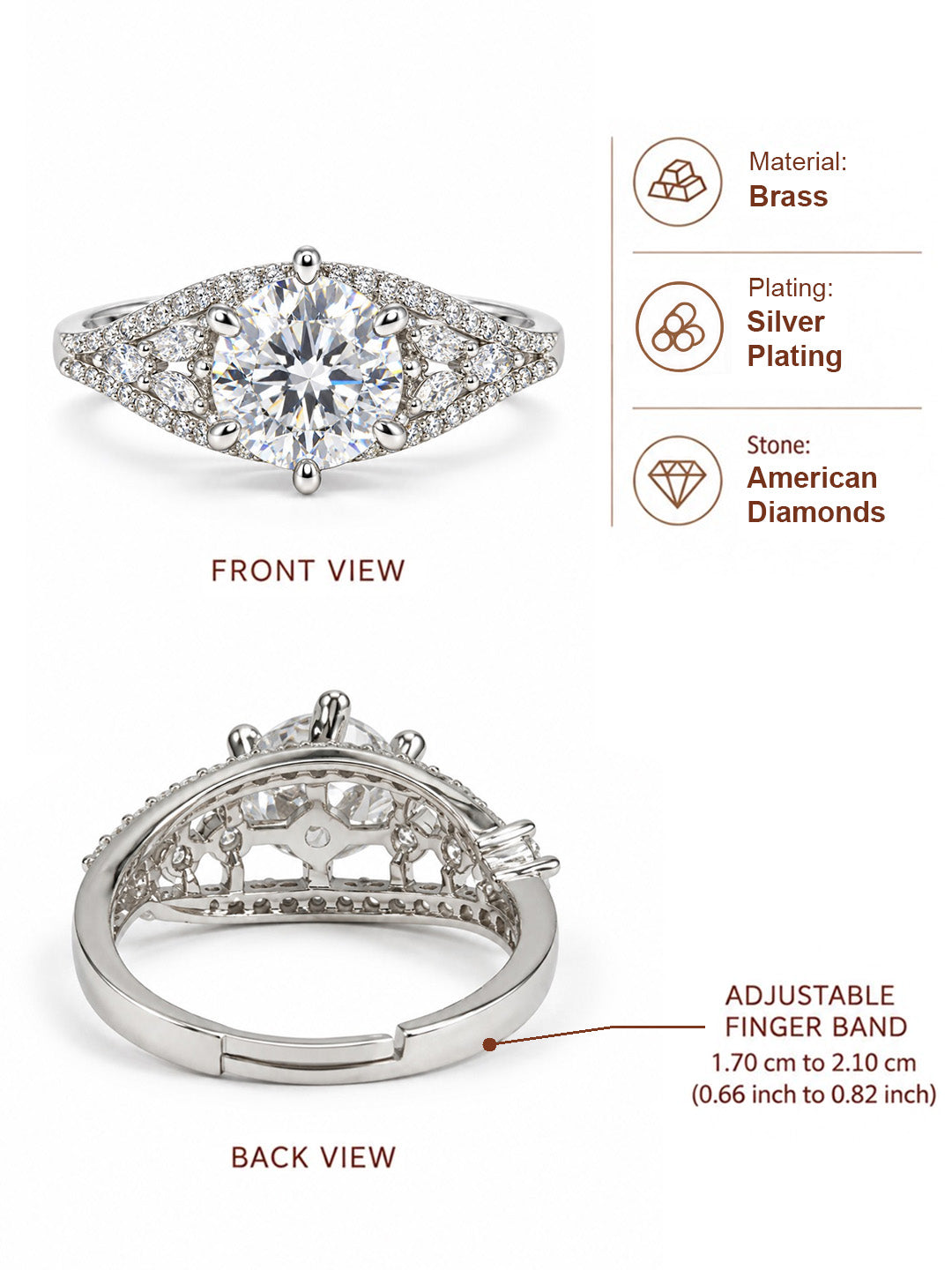 Clear Round Stone Split Shank Ring - Silver Plated, image6