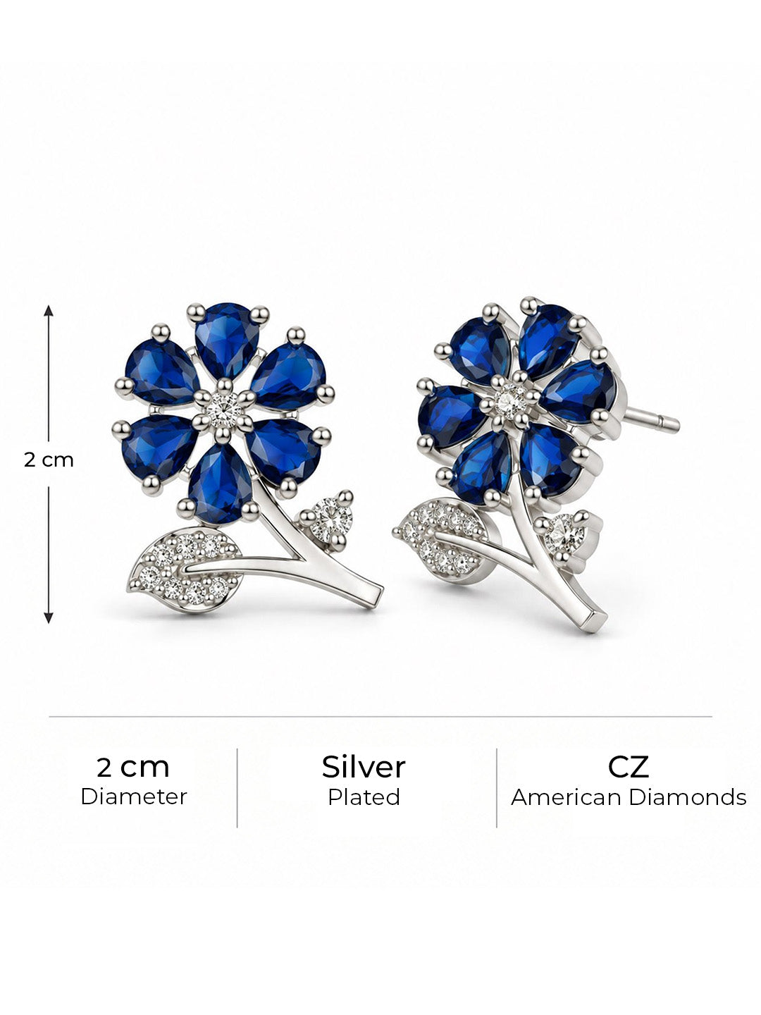 Blue Flower and Leaf Stud Earrings, silver plated, size and plating details