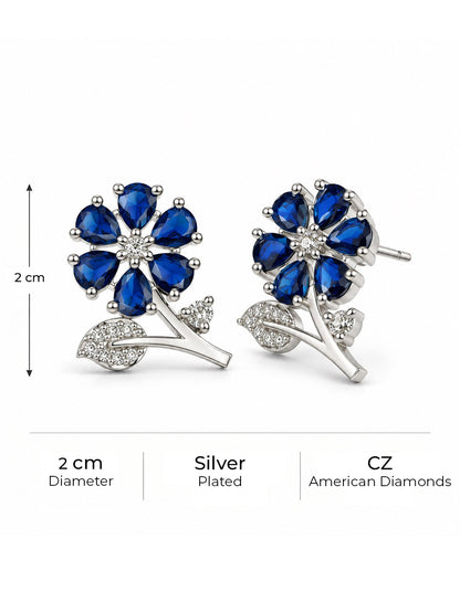 Blue Flower and Leaf Stud Earrings, silver plated, size and plating details
