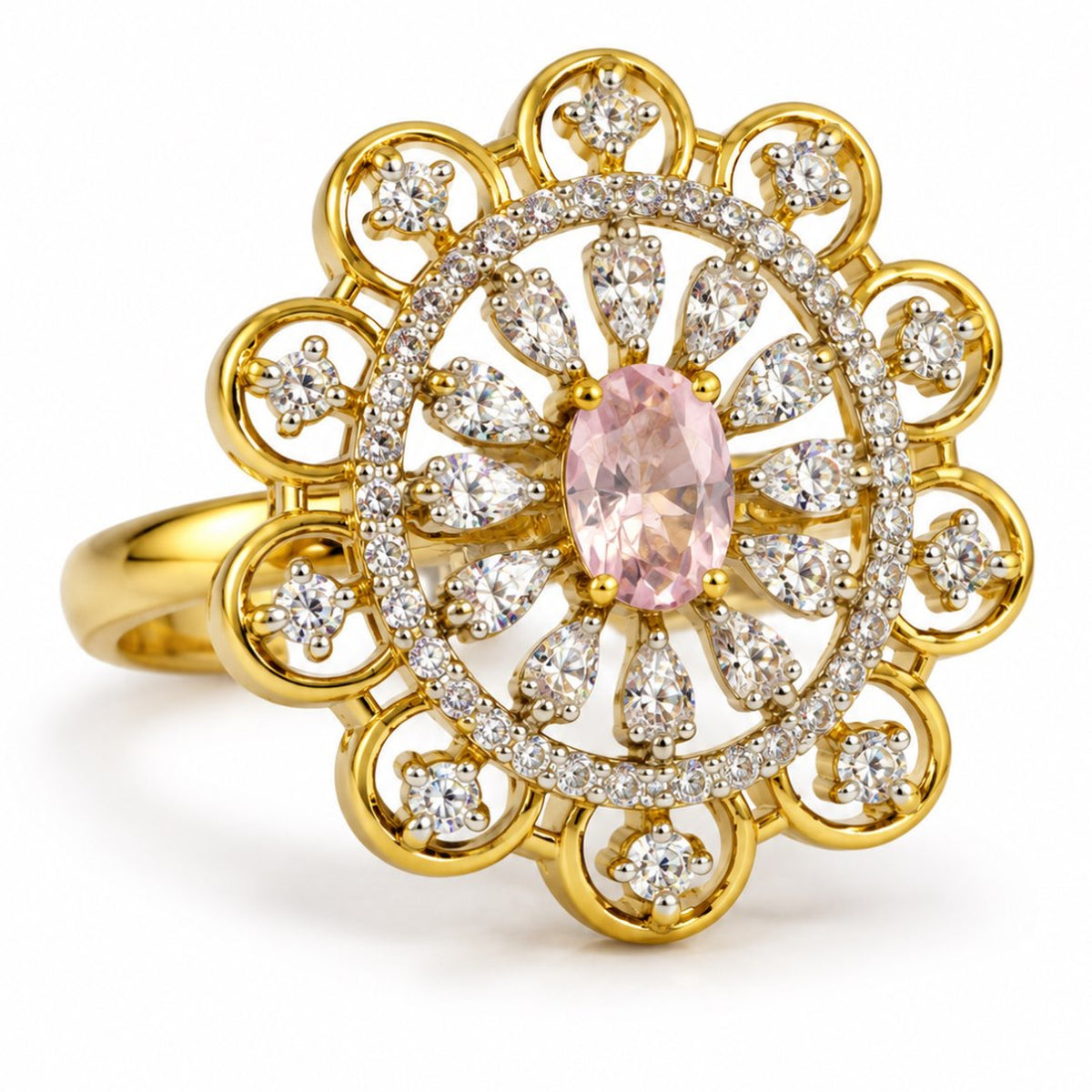 Pink Center Stone Scalloped Floral Halo Ring - Gold Plated