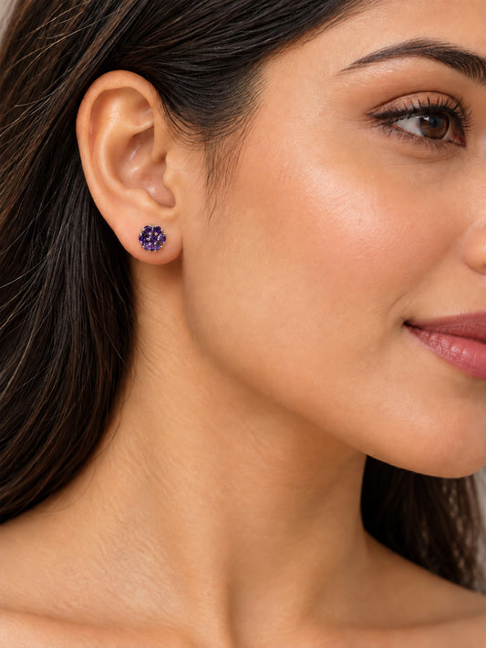Purple Stone Floral Cluster Stud Earrings, silver plated, model close-up