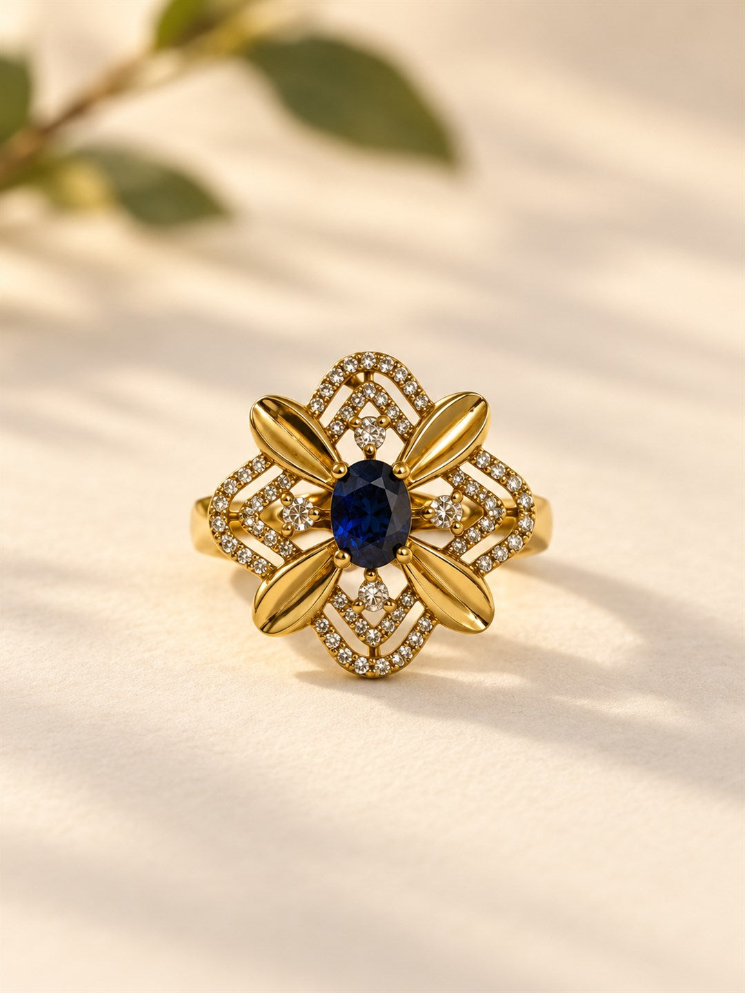 Blue Stone Four Petal Floral Ring - Gold Plated, additional view 3