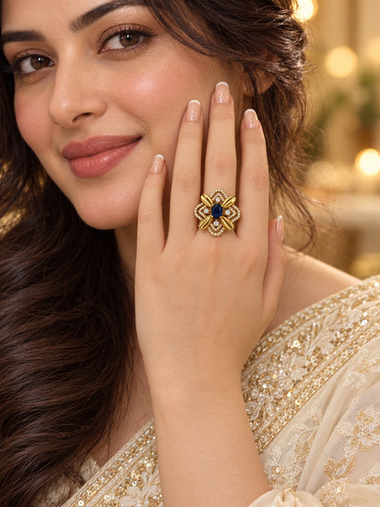 Blue Stone Four Petal Floral Ring - Gold Plated, additional view 2