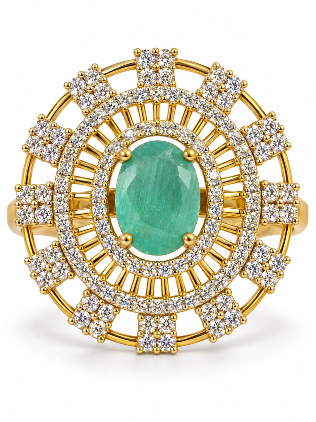 Sea Green Center Stone Baguette Halo Ring - Gold Plated