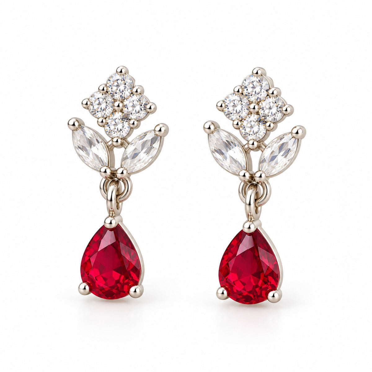 Red Teardrop Floral Drop Earrings - Silver Plated, product view