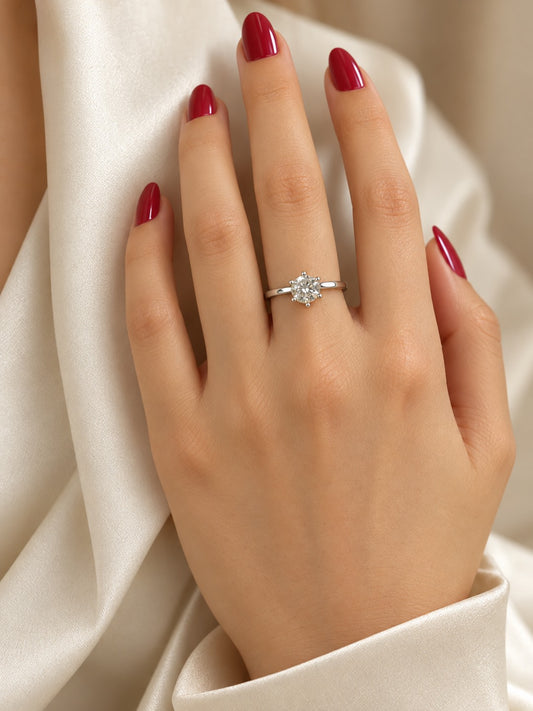 Clear Round Solitaire Slim Band Ring - Silver Plated, model close-up