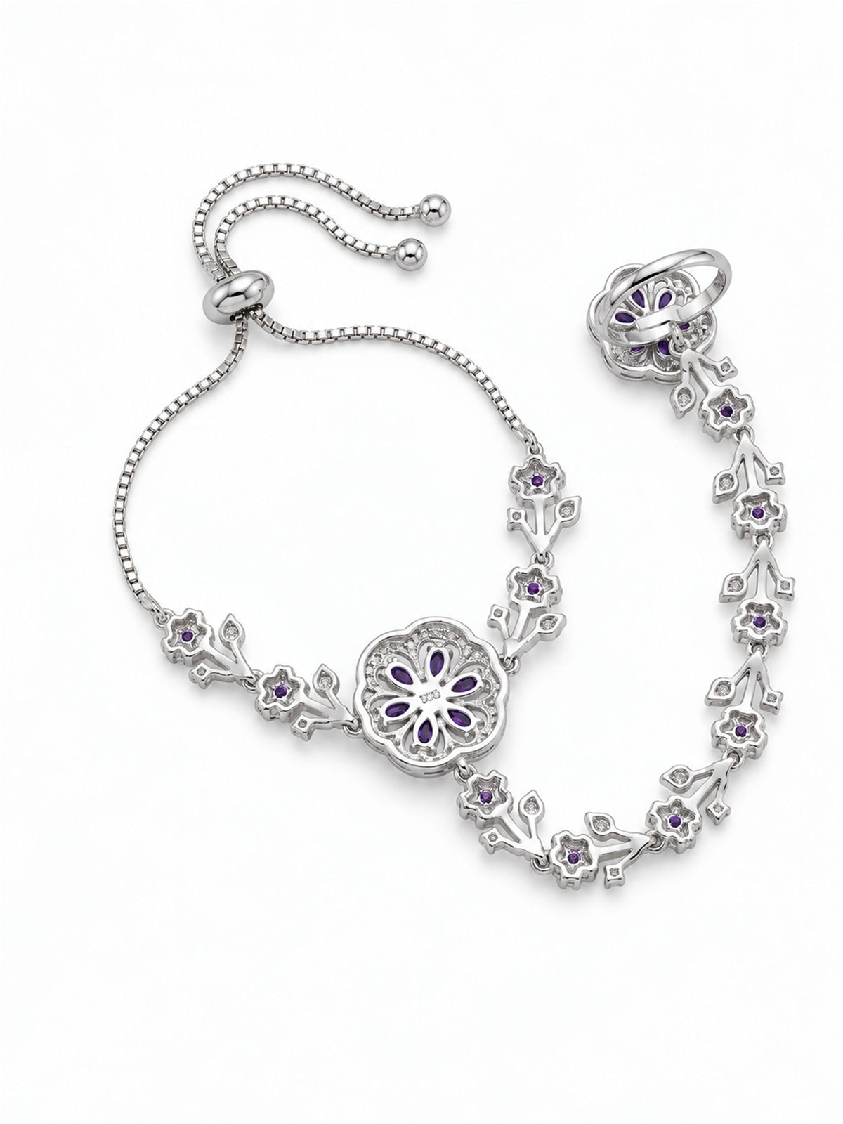 Purple silver-plated floral marquise-stone chain hathphool