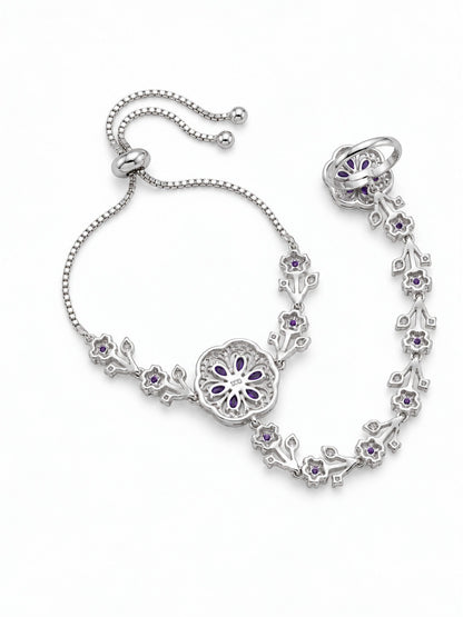 Purple silver-plated floral marquise-stone chain hathphool