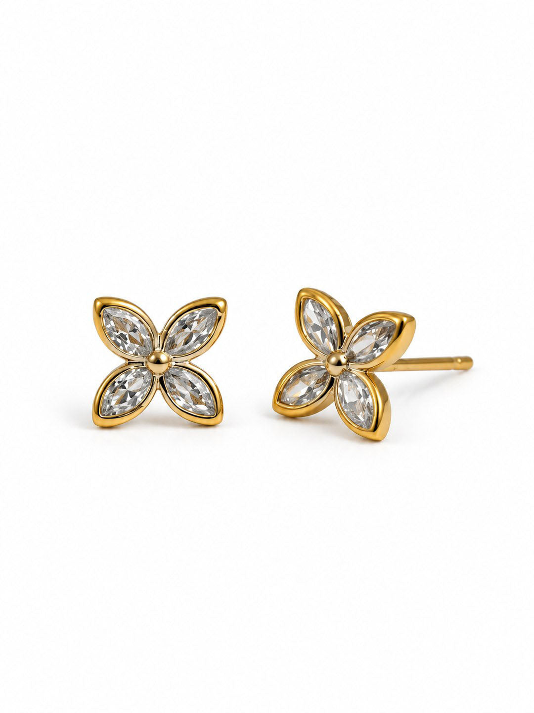 Clear Marquise Stone Four Petal Stud Earrings - Gold Plated, additional view 1
