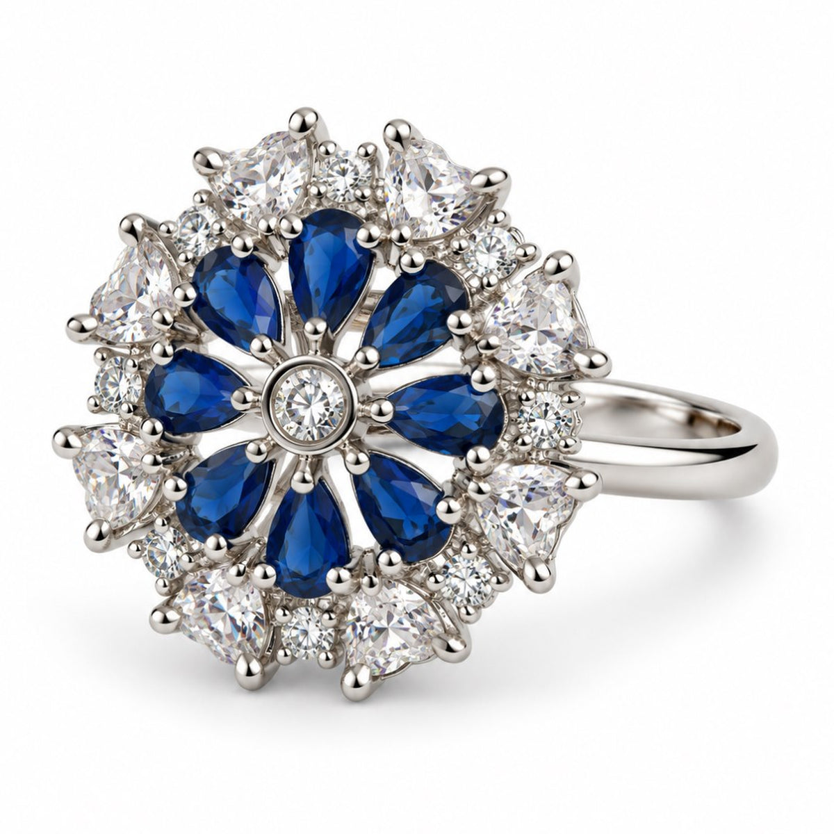 Blue Petal Halo Flower Ring - Silver Plated - product view