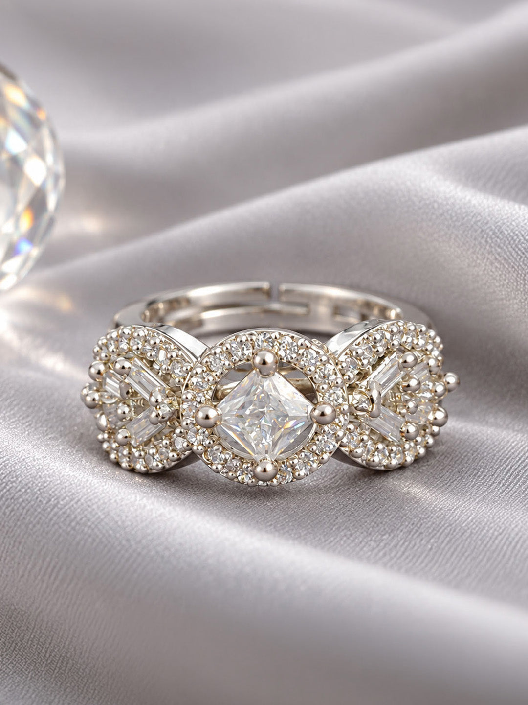Rhodium Plated American Diamond Adjustable Solitaire Finger Ring - product image 7