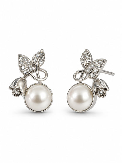 White Pearl-Effect Leaf Stud Earrings, silver plated, alternate product view
