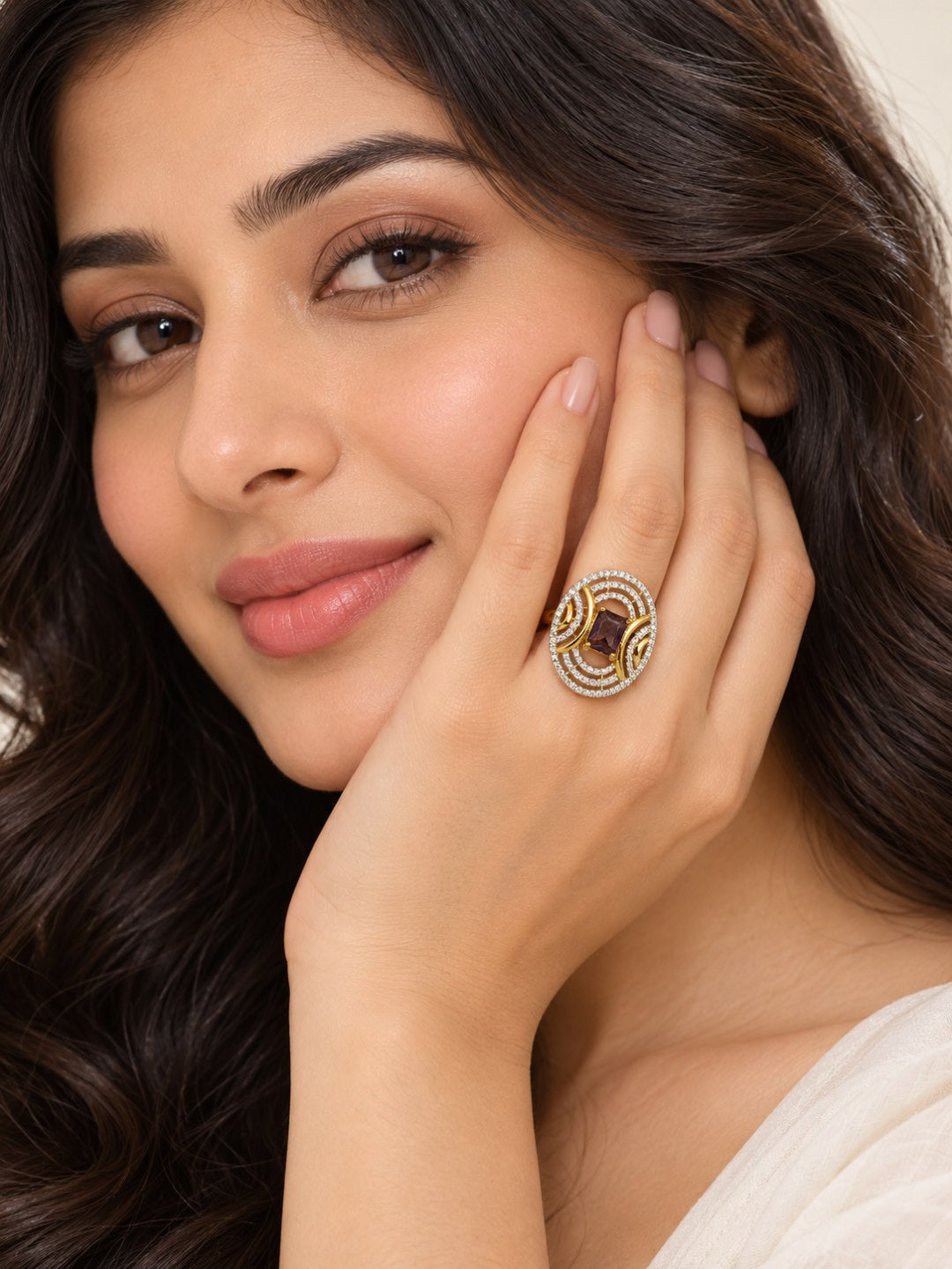 Purple Center Stone Oval Geometric Halo Ring - Gold Plated - model close-up
