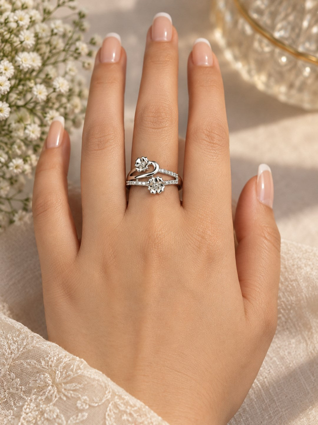 Clear Twin Flower Bypass Ring - Silver Plated worn on hand