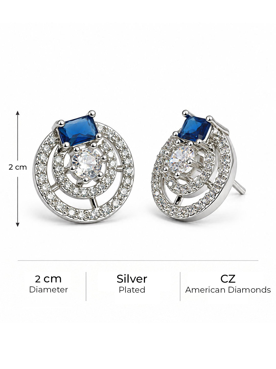 Blue Stone Double Halo Stud Earrings, silver plated, size and plating details