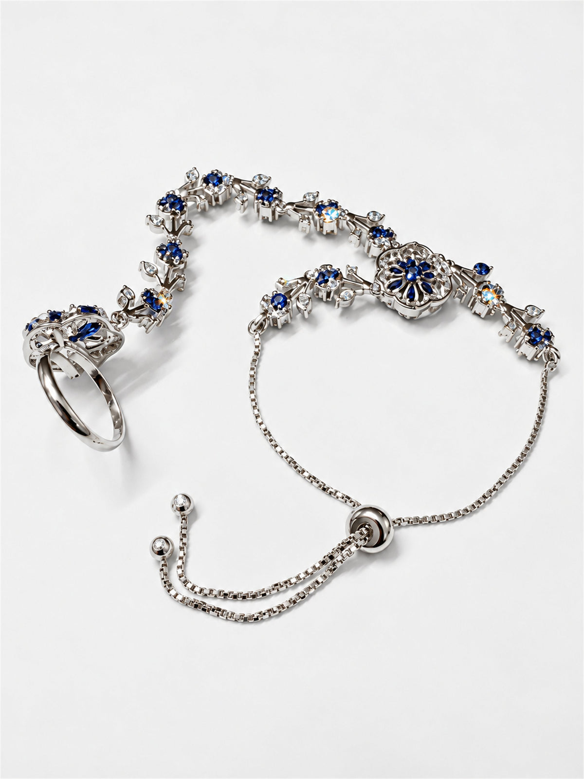 Blue silver-plated floral marquise-stone chain hathphool