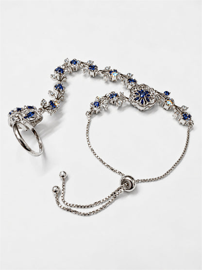 Blue silver-plated floral marquise-stone chain hathphool