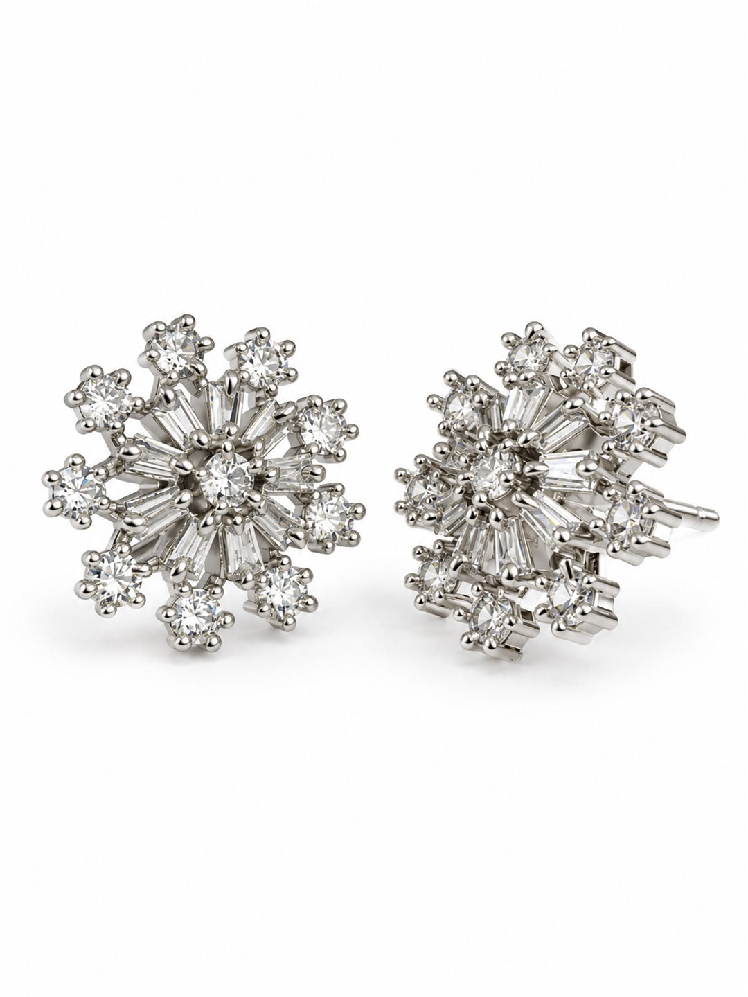 Clear Baguette Sunburst Stud Earrings, silver plated, alternate product view