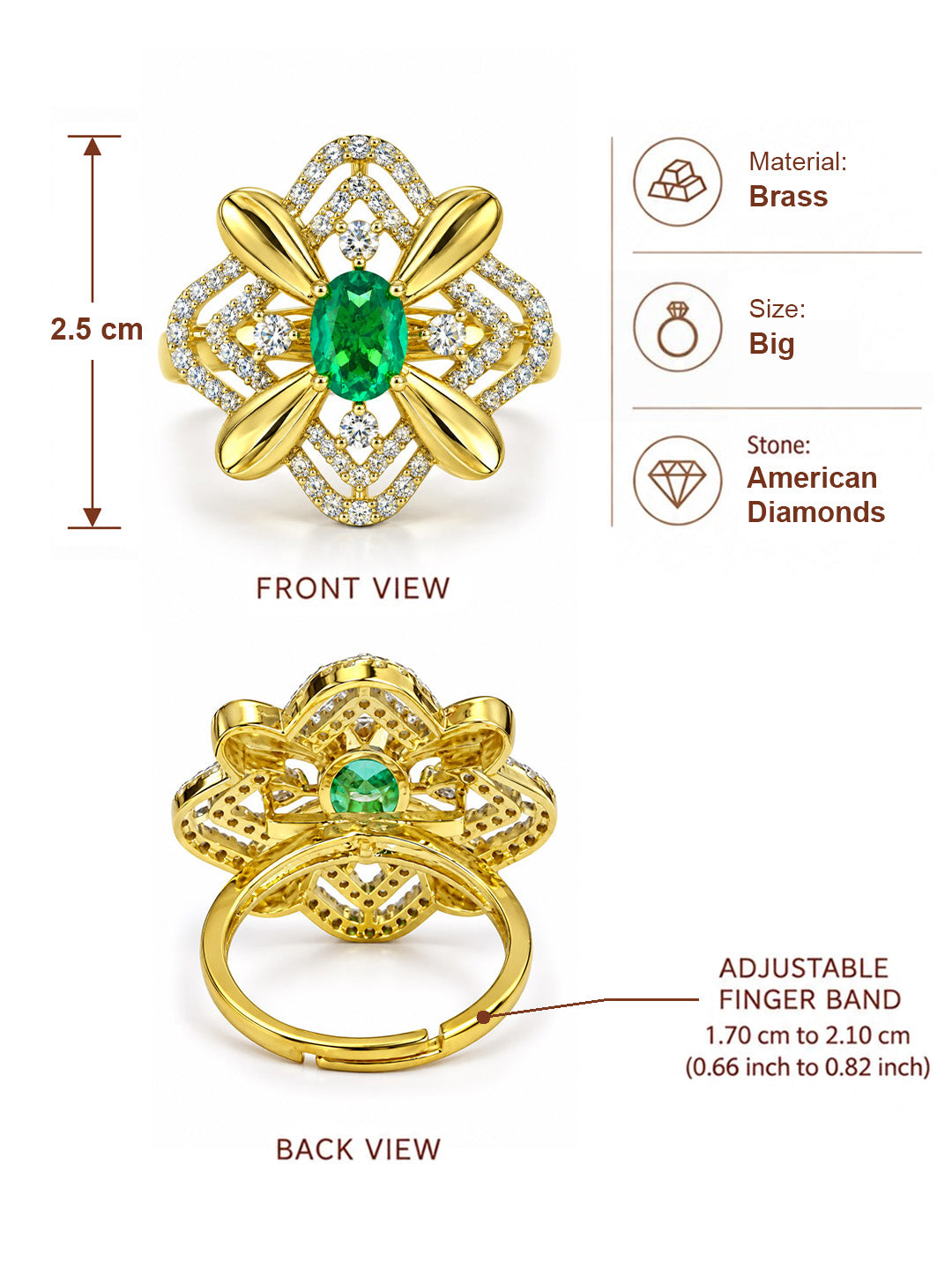 Sea Green Center Stone Four-Petal Floral Ring - Gold Plated