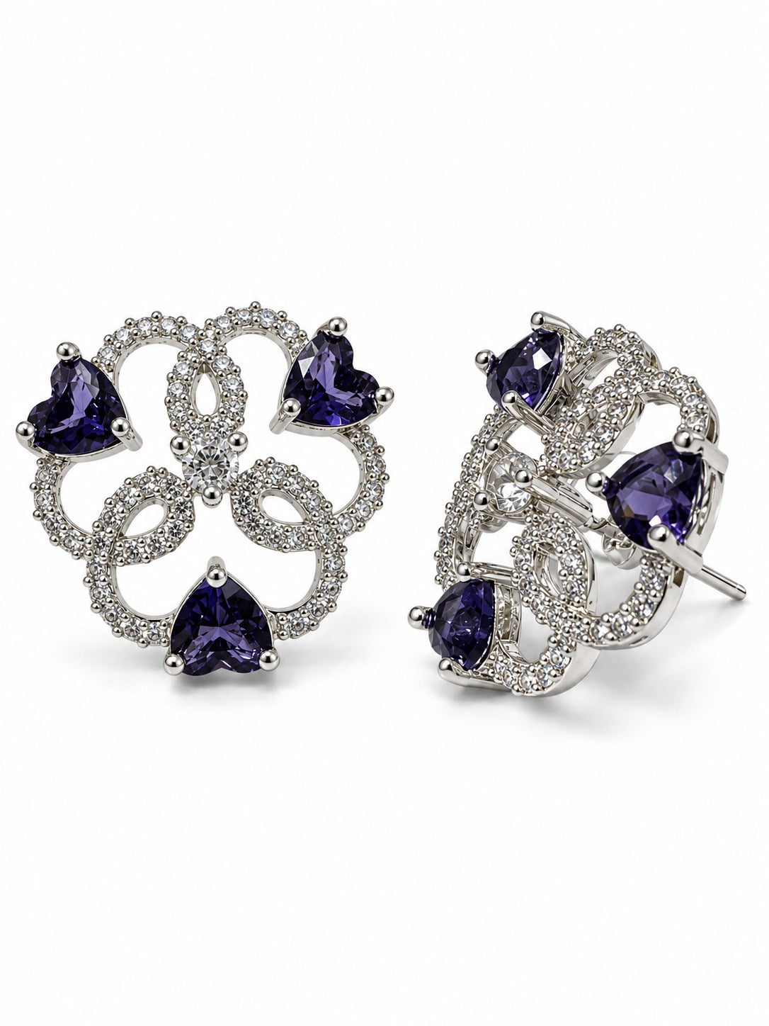 Purple Heart Stone Openwork Floral Stud Earrings in silver plating