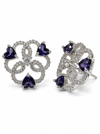 Purple Heart Stone Openwork Floral Stud Earrings in silver plating