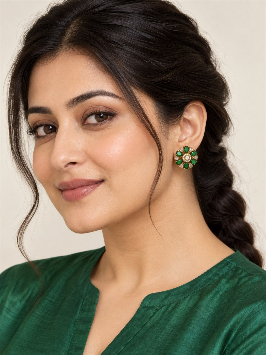 Green Oval Petal Floral Stud Earrings - Gold Plated