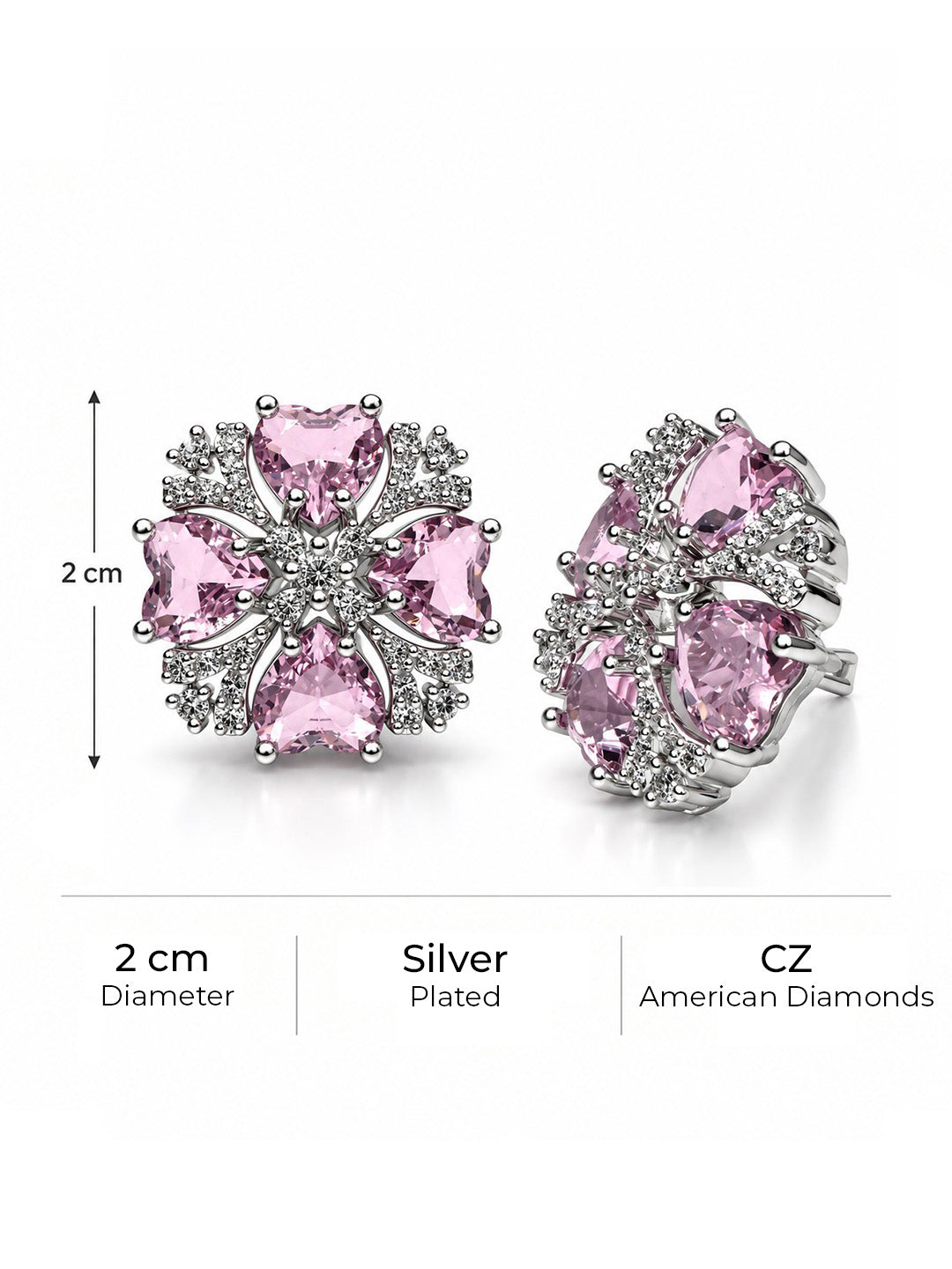Pink Heart Stone Floral Stud Earrings in silver plating