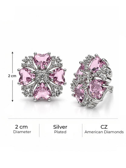 Pink Heart Stone Floral Stud Earrings in silver plating