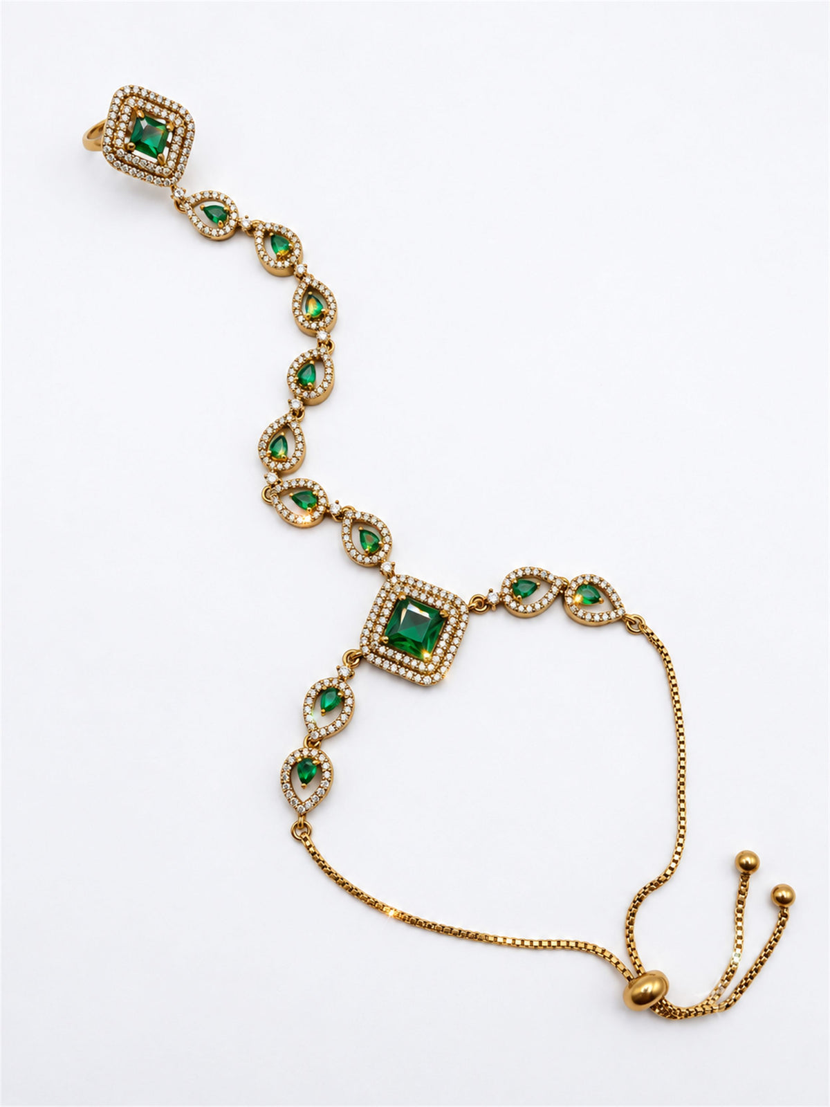 Green Square Halo and Teardrop Hathphool - Mehndi Plated