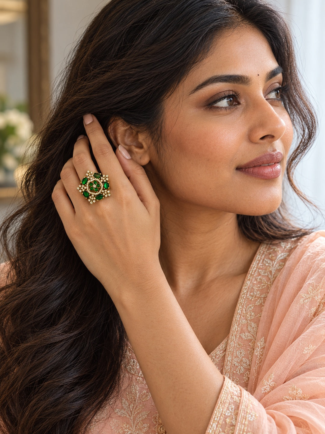 Green Stone Floral Cross Cluster Ring - Gold Plated, additional view 2