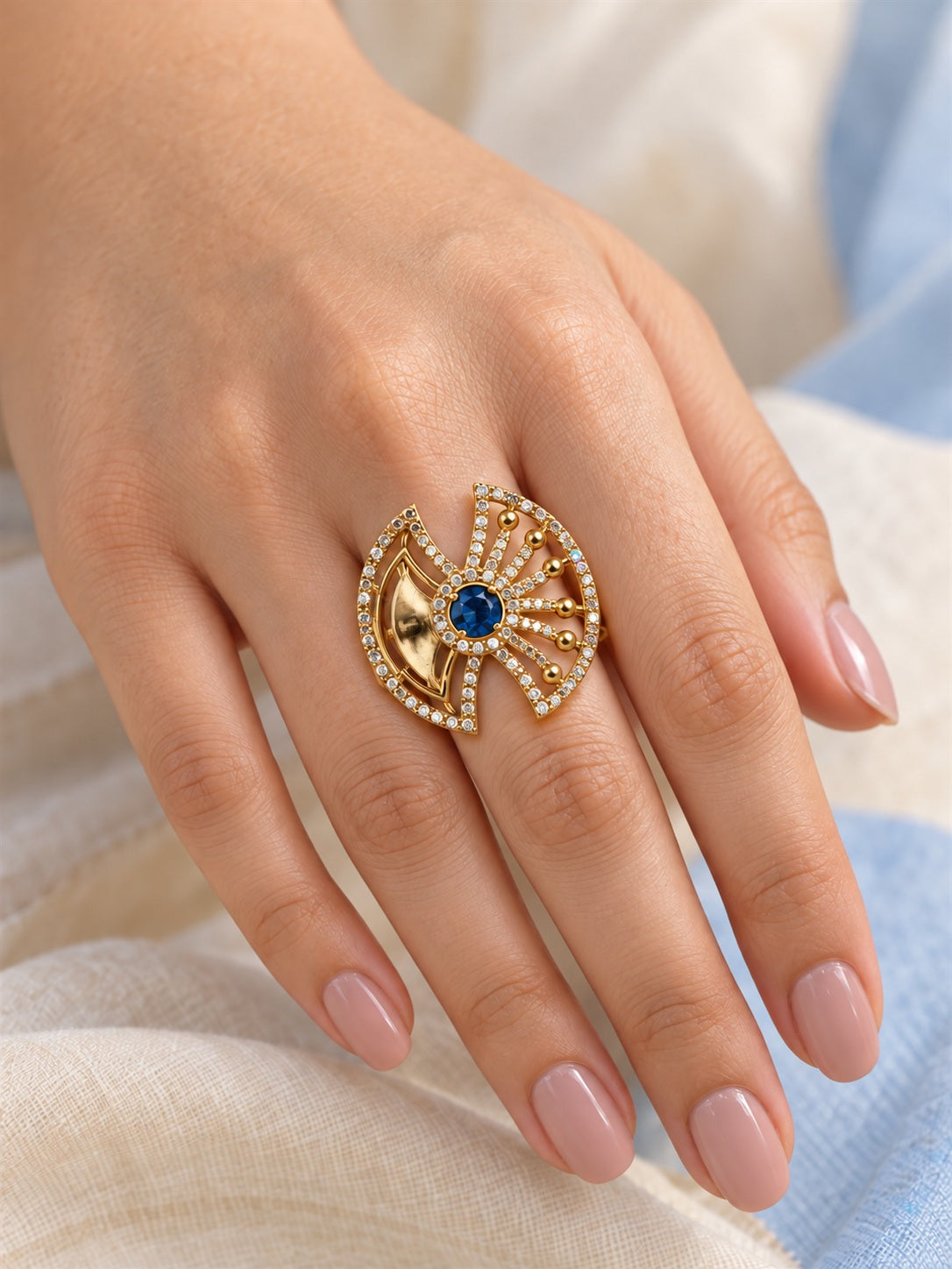 Blue Stone Openwork Fan Ring - Gold Plated, model close-up