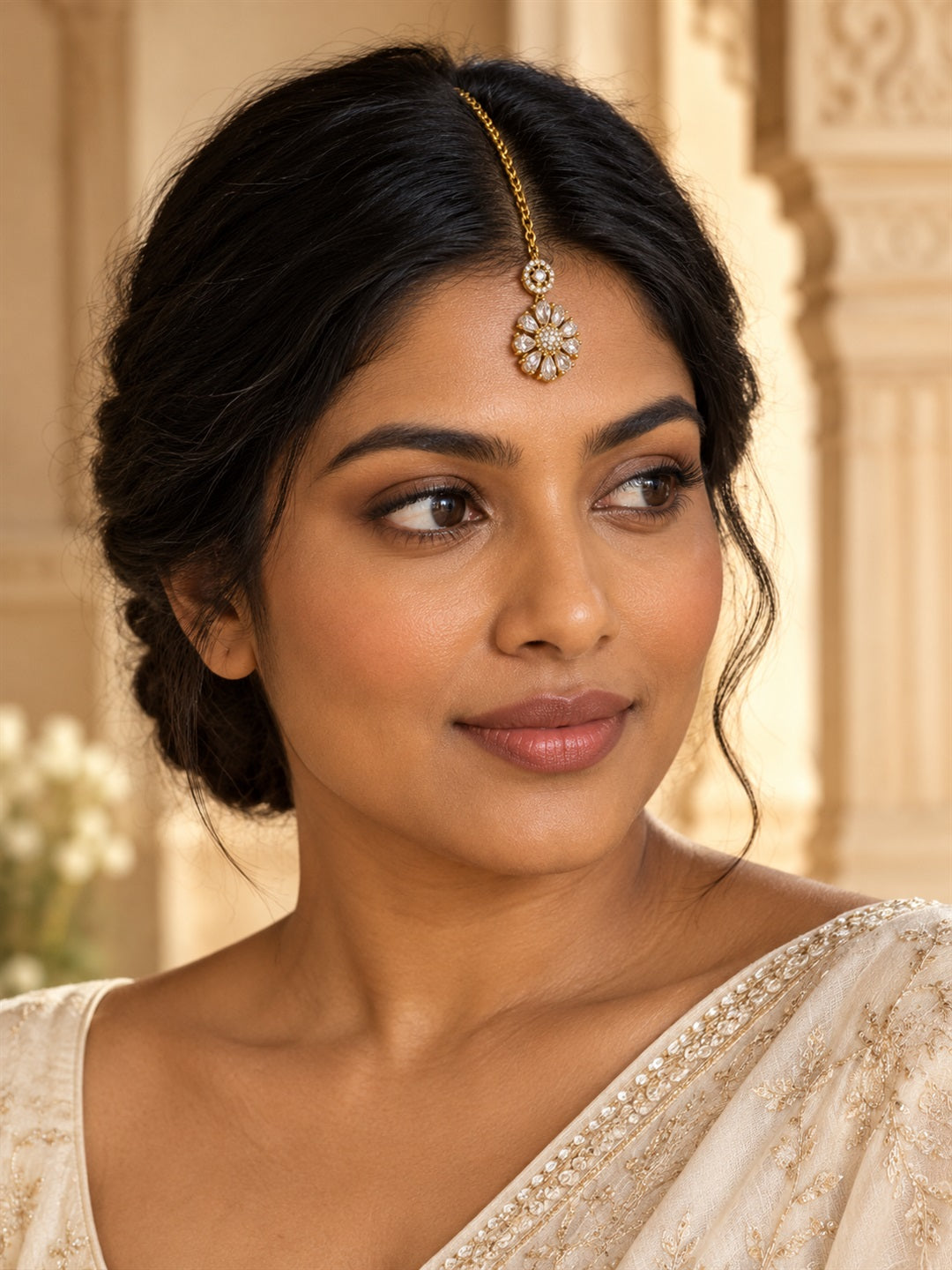 Clear Teardrop Floral Maang Tikka - Gold Plated, additional view 3