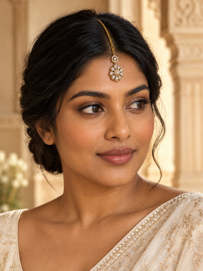 Clear Teardrop Floral Maang Tikka - Gold Plated, additional view 3