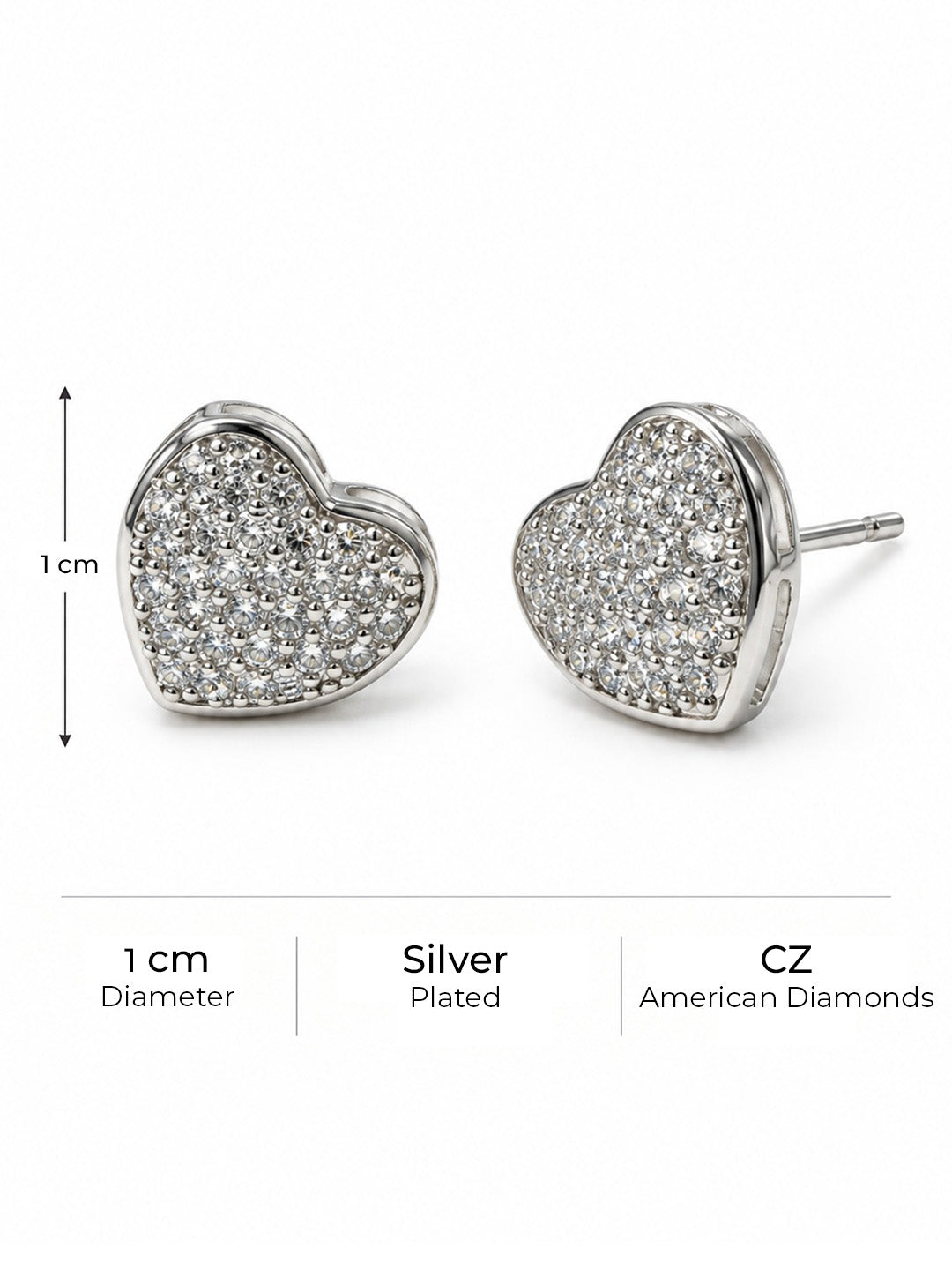 Clear Pave Rounded Heart Stud Earrings, silver plated, size and plating details