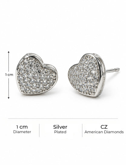 Clear Pave Rounded Heart Stud Earrings, silver plated, size and plating details