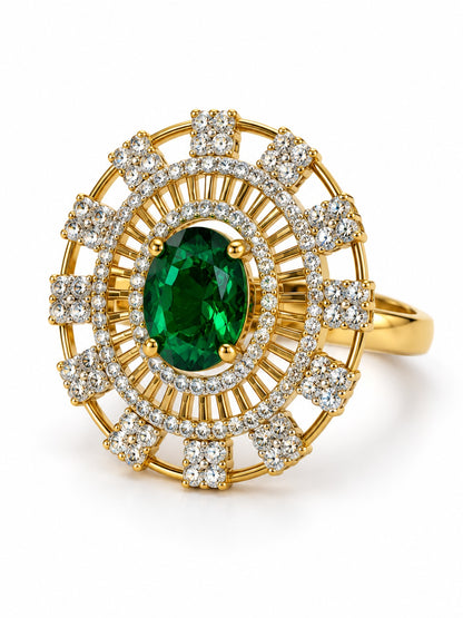 Green Center Stone Baguette Halo Ring - Gold Plated