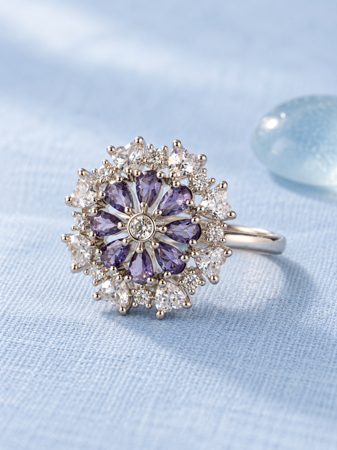 Purple Petal Halo Flower Ring - Silver Plated - alternate view