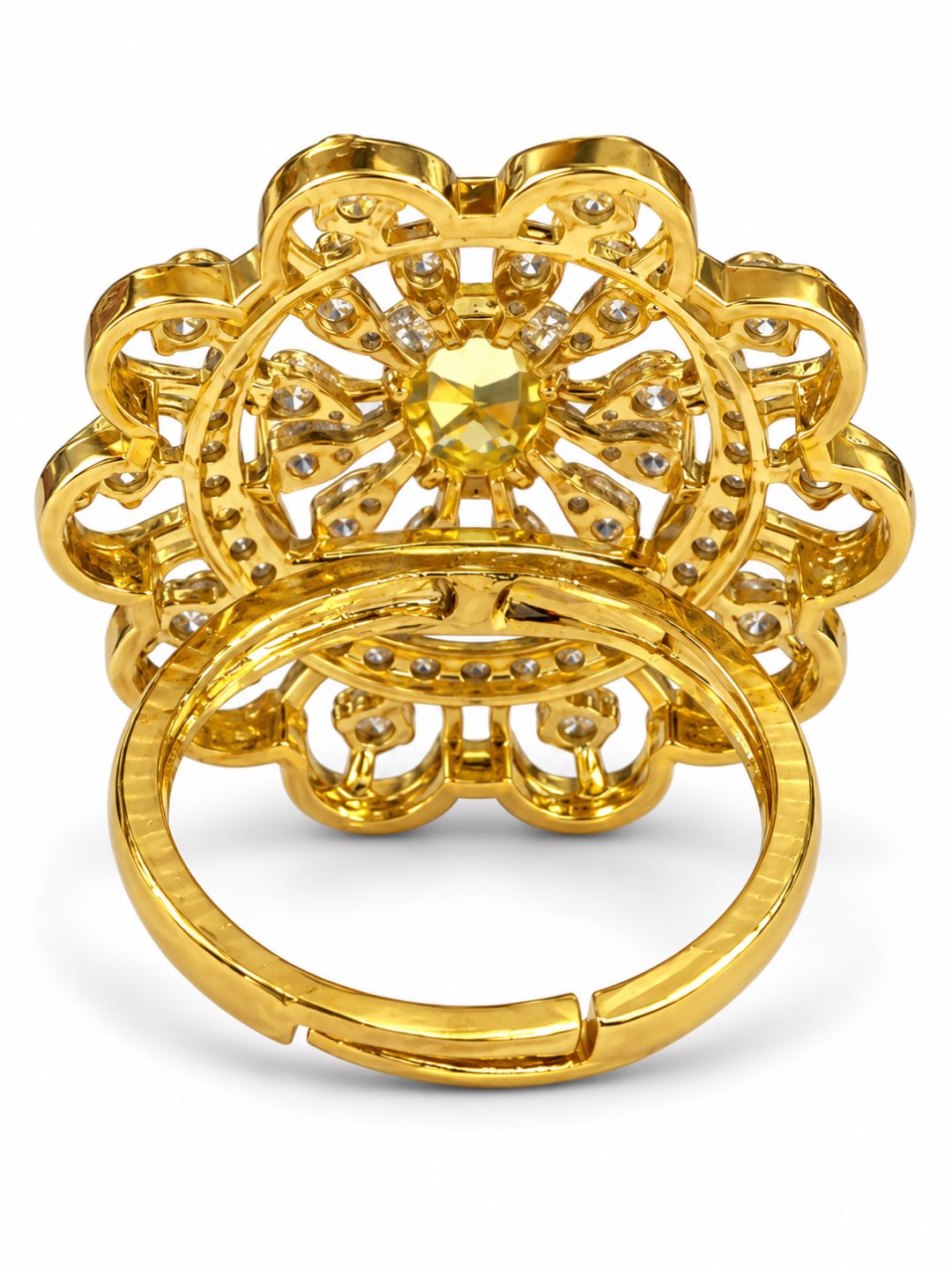 Yellow Center Stone Scalloped Floral Halo Ring - Gold Plated