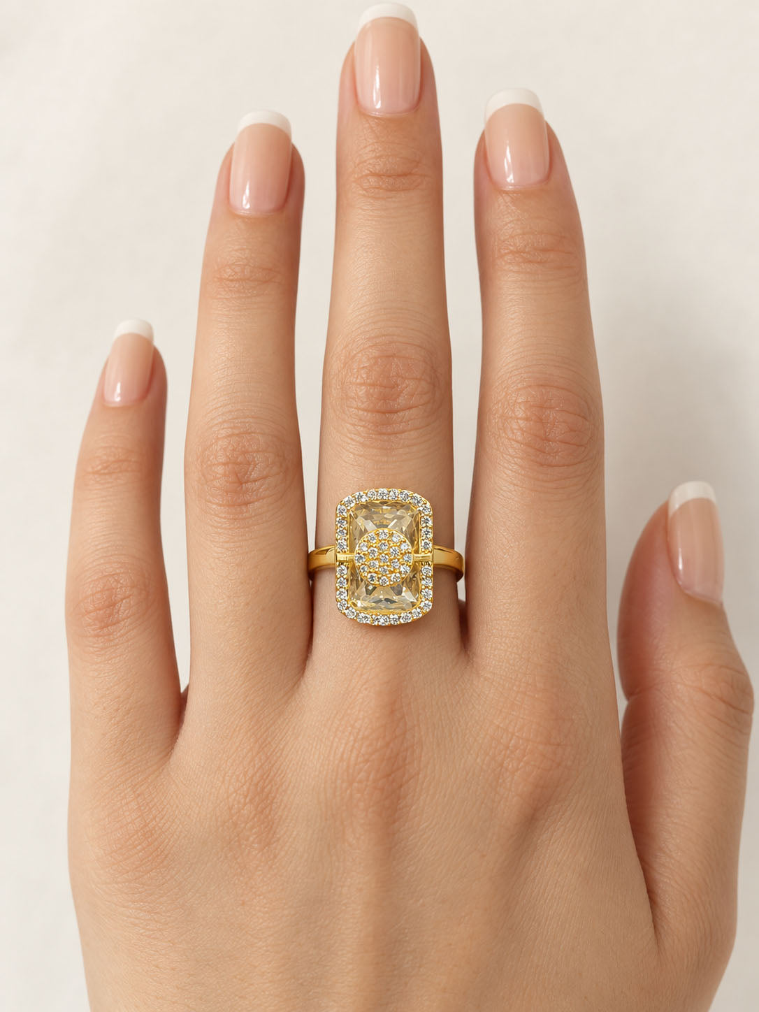 Gold Plated AD Adjustable Trendy Finger Ring - model close-up