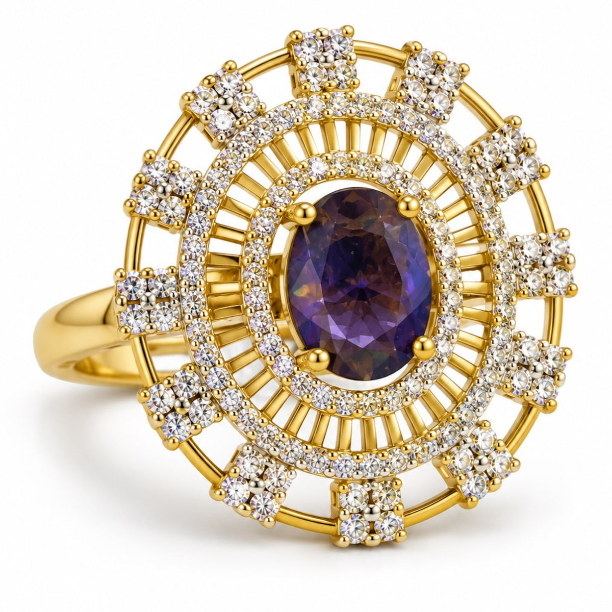 Purple Center Stone Baguette Halo Ring - Gold Plated