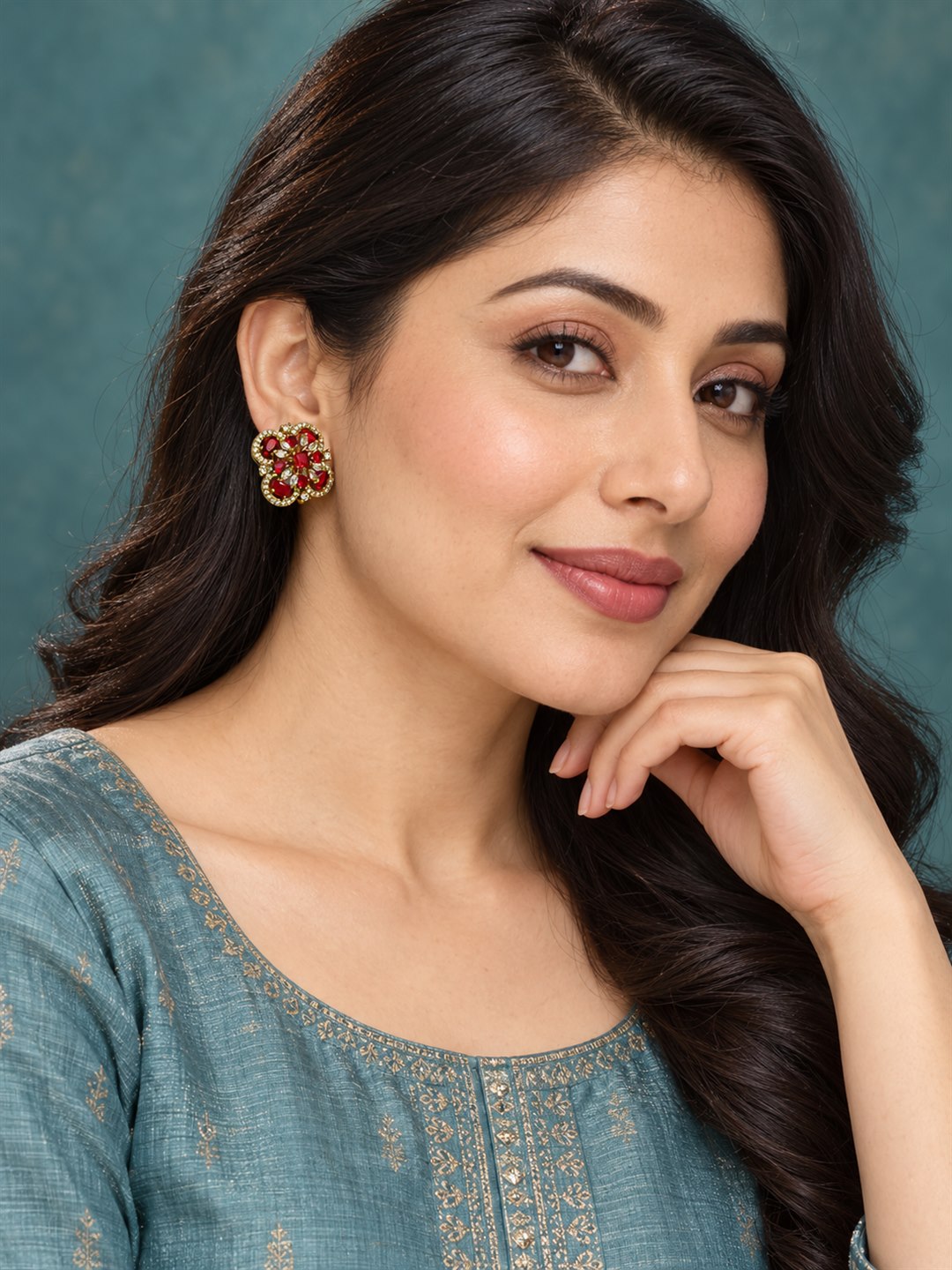 Red Four Petal Oval Stone Stud Earrings - Gold Plated