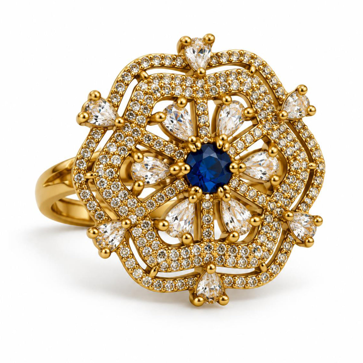 Blue Stone Scalloped Floral Halo Ring - Gold Plated, product view